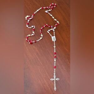 Rosary Catholic Beads INRI Crucifix Red Iridescent Silver Tone Necklace ITALY